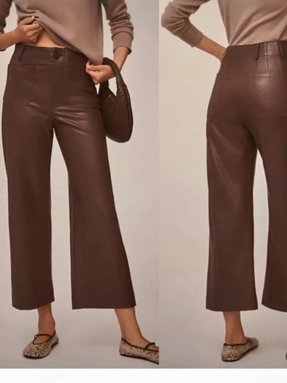 Maeve The Colette Cropped Wide-Leg Faux Leather Pants Brown Waist 30